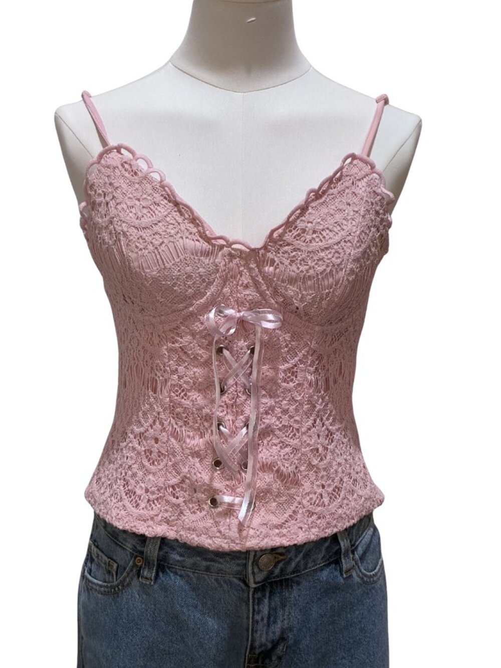 Y2K Pink Lace Up Ribbon Cami Padded Corset Bustier Coquette Balletcore Fairycore